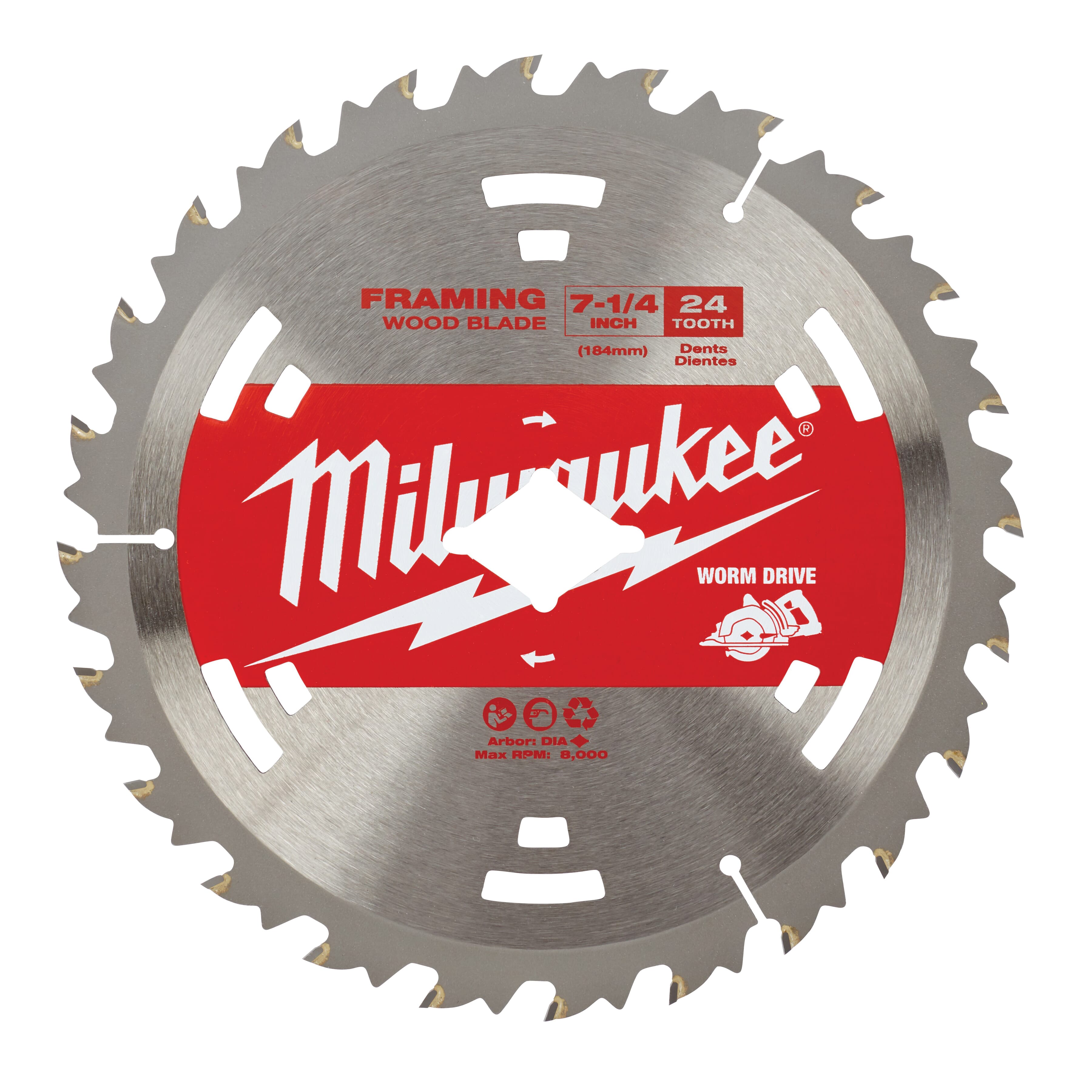 Milwaukee® 48-41-0713 Framing Worm Drive Circular Saw Blade, 7-1/4 in Dia, 5/8 in Arbor, Carbide Blade, 24 Teeth